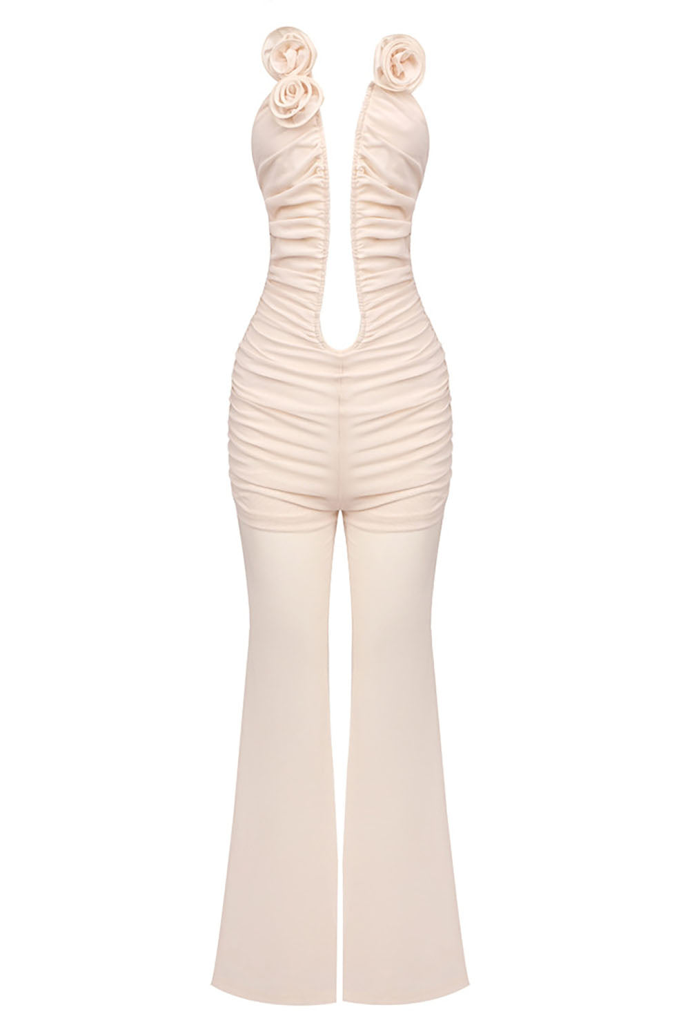 Strapless Deep V 3D Floral Jumpsuit in Nude