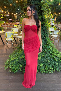 Strapless Draped Mesh Maxi Dress
