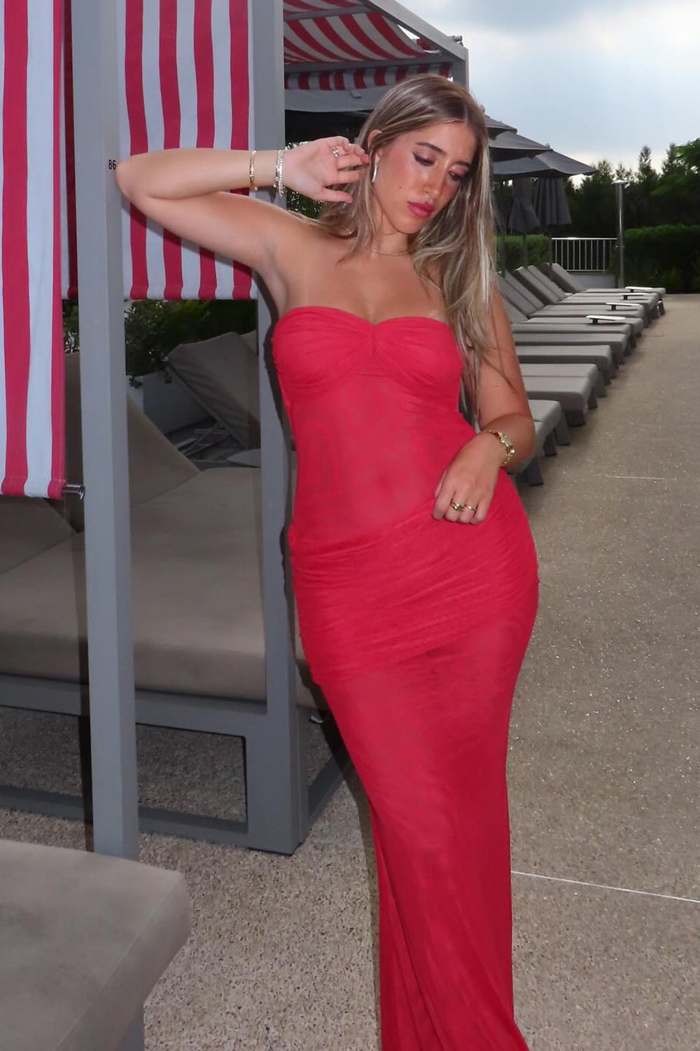 Strapless Draped Mesh Maxi Dress