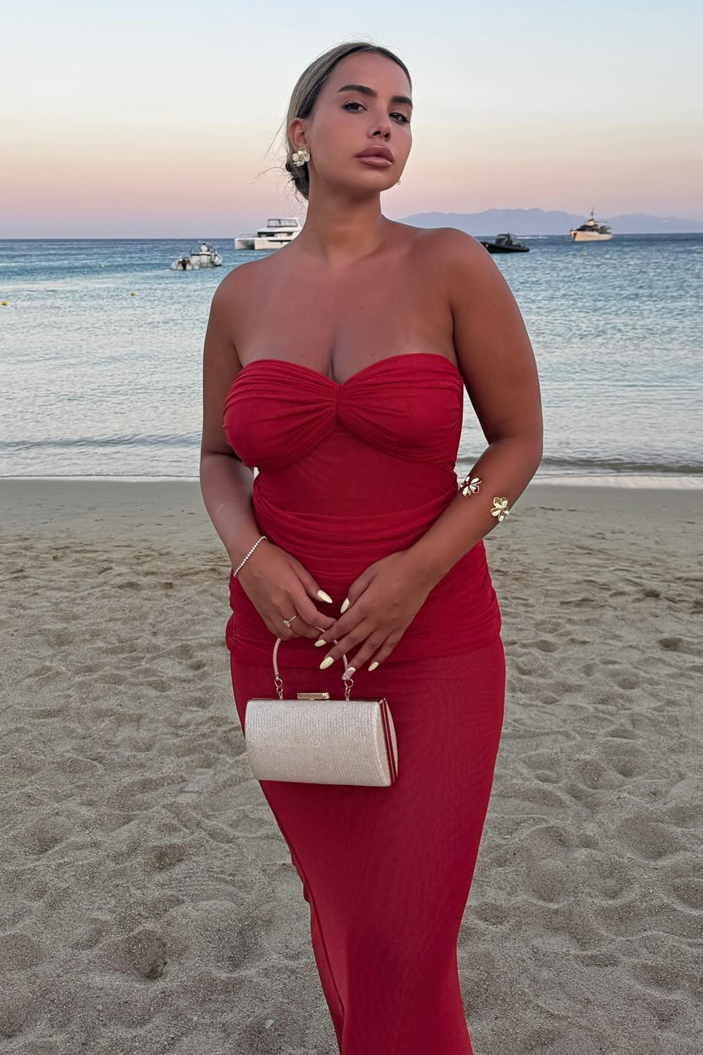 Strapless Draped Mesh Maxi Dress