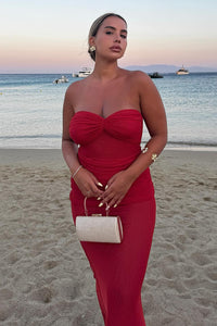 Strapless Draped Mesh Maxi Dress