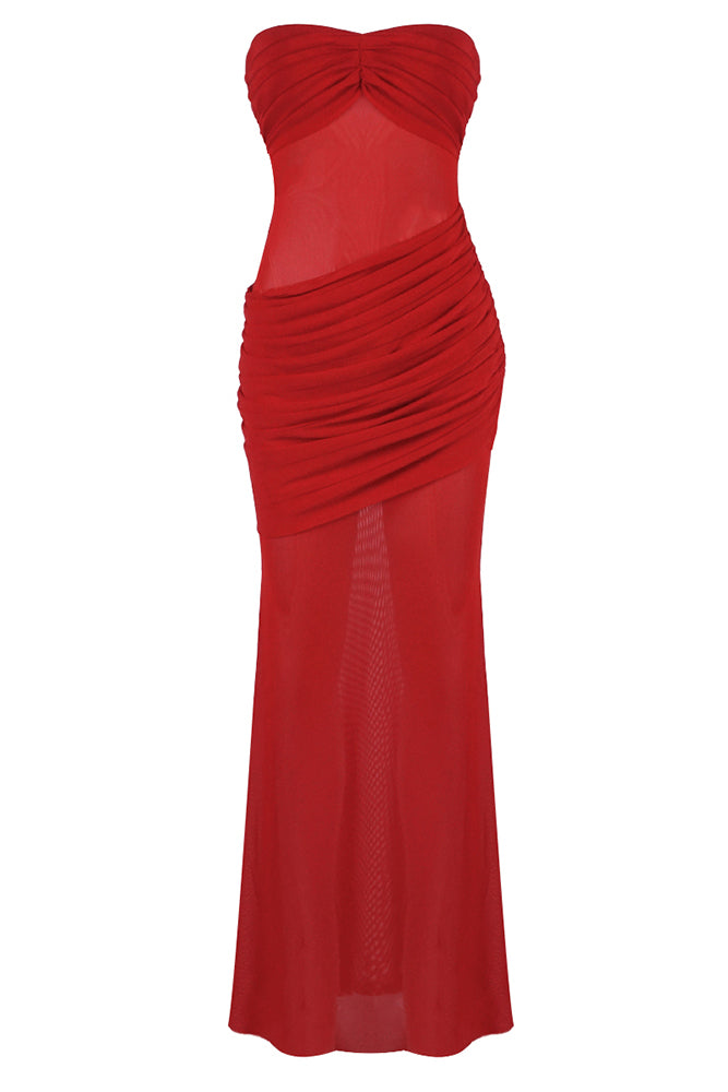 Strapless Draped Mesh Maxi Dress