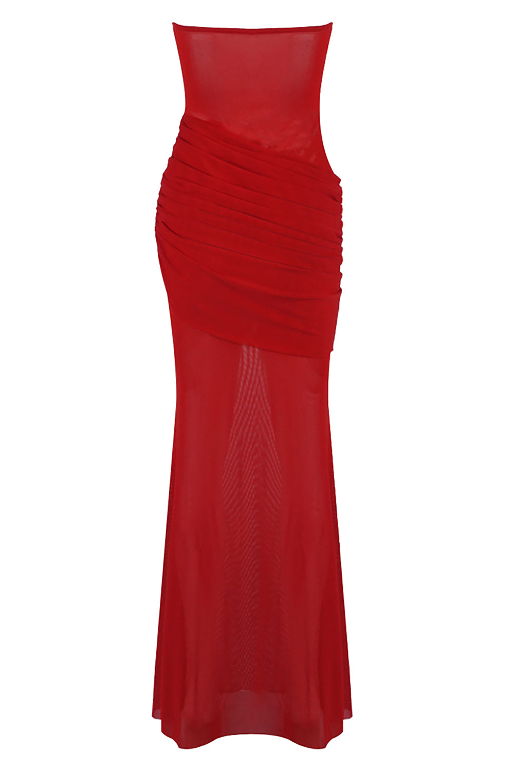 Strapless Draped Mesh Maxi Dress