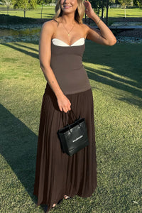 Strapless Drop Waist Pleated Maxi Dress