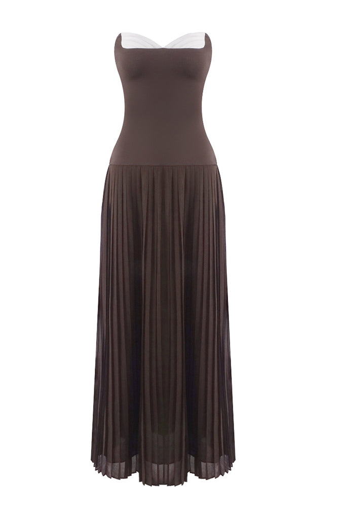 Strapless Drop Waist Pleated Maxi Dress