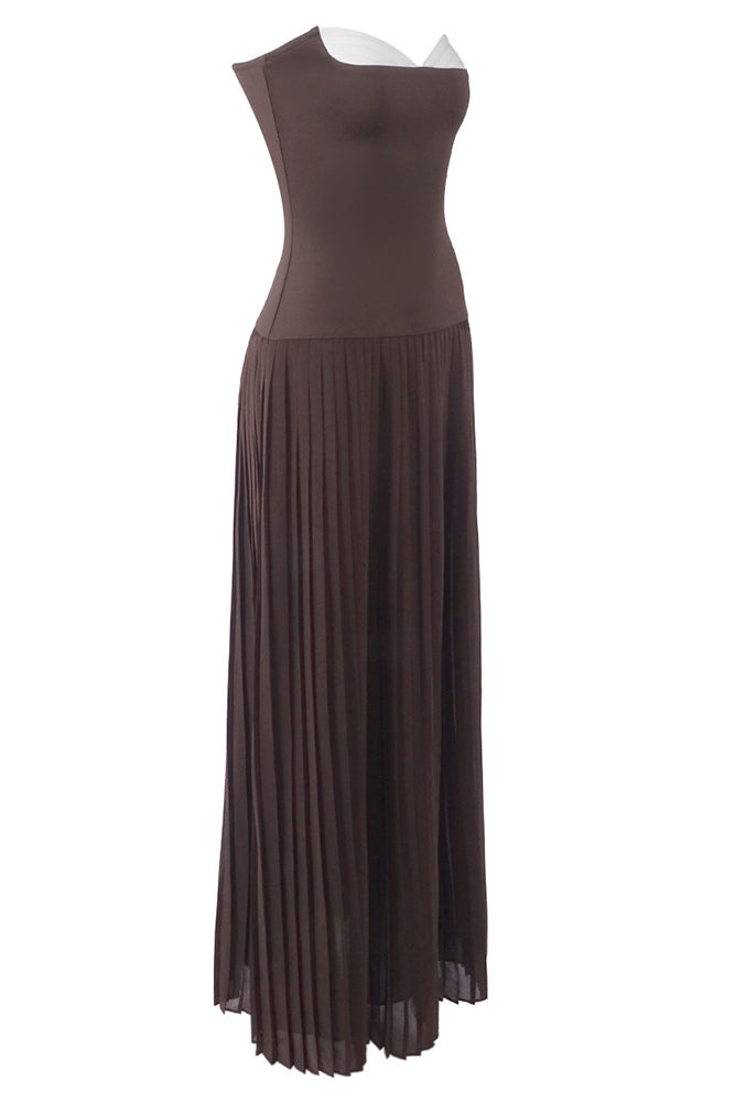 Strapless Drop Waist Pleated Maxi Dress
