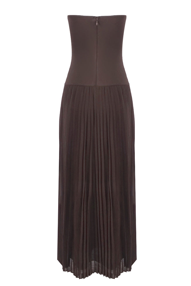 Strapless Drop Waist Pleated Maxi Dress