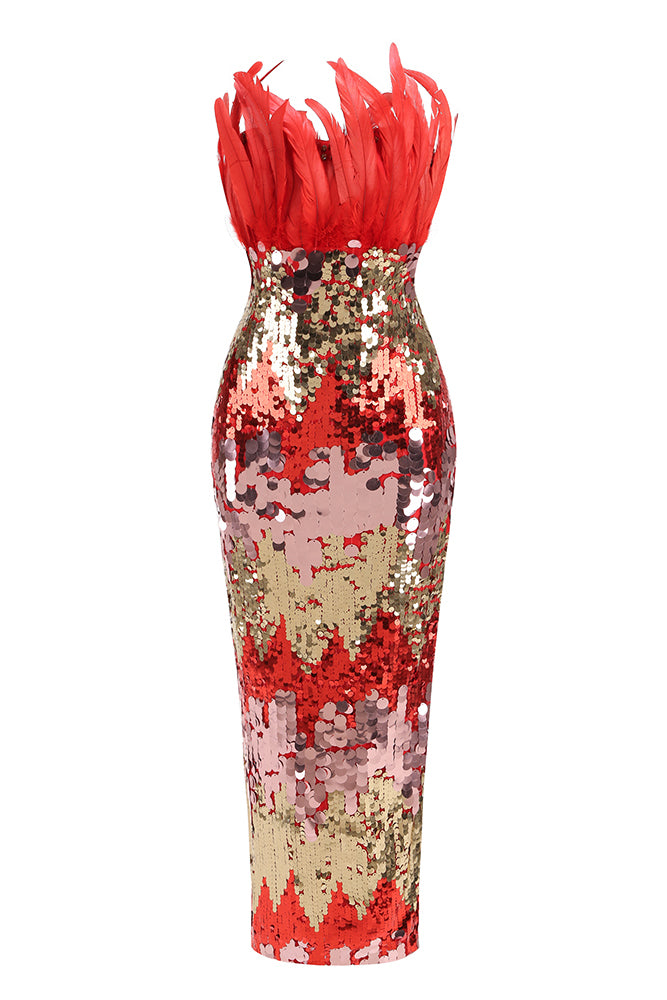 Strapless Feather Sequin Midi Dress