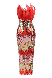 Strapless Feather Sequin Midi Dress