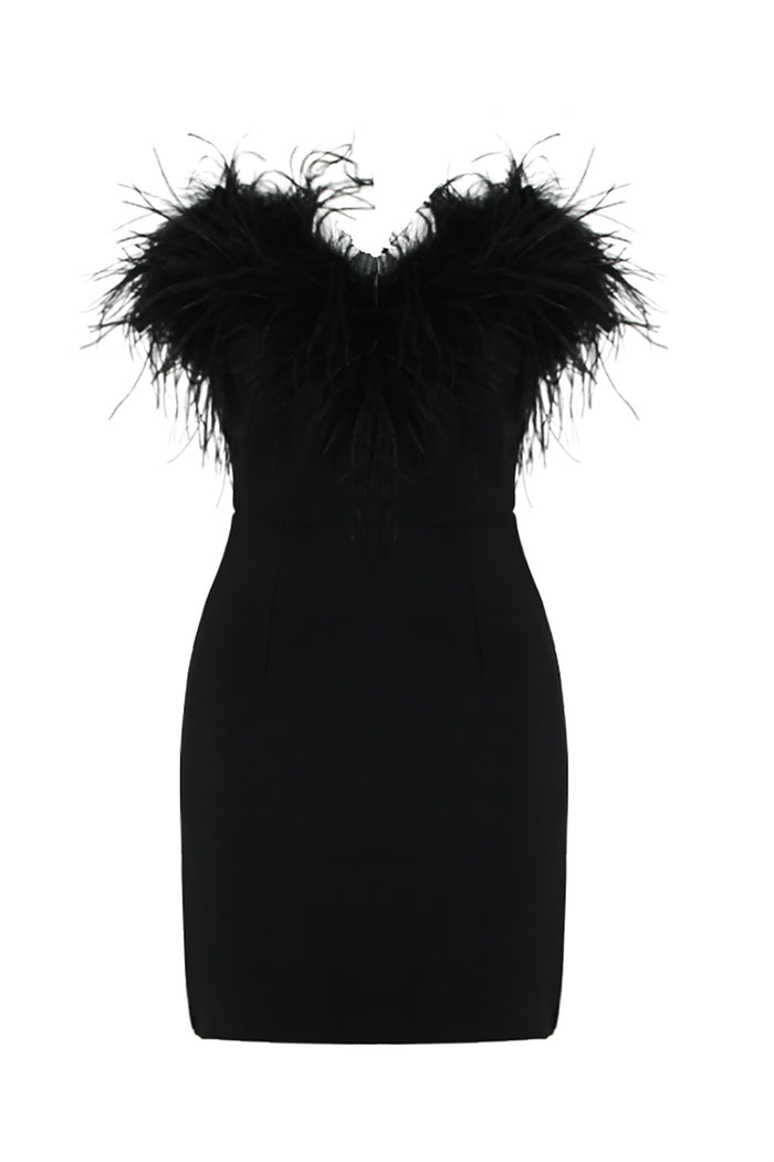 Strapless Feathers Trim Mini Bandage Dress IULOVER Strapless Feathers Trim Mini Bandage Dress IULOVER