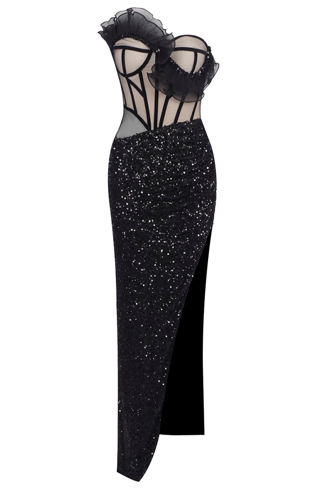 Strapless Fitted Sequin Slit Gown IULOVER Strapless Fitted Sequin Slit Gown IULOVER