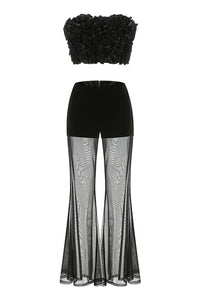 Strapless Floral Bustir Flare Tulle Trousers Set in Black