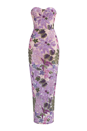 Strapless Flower Sequins Embellished Maxi Dress