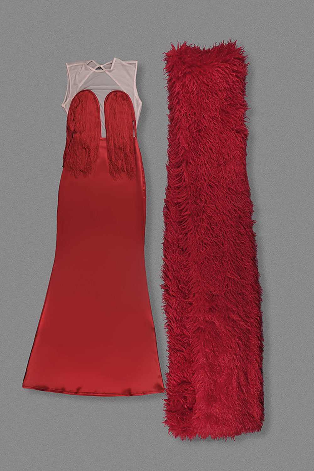 Strapless Fringe Maxi Dress with Fur Collar