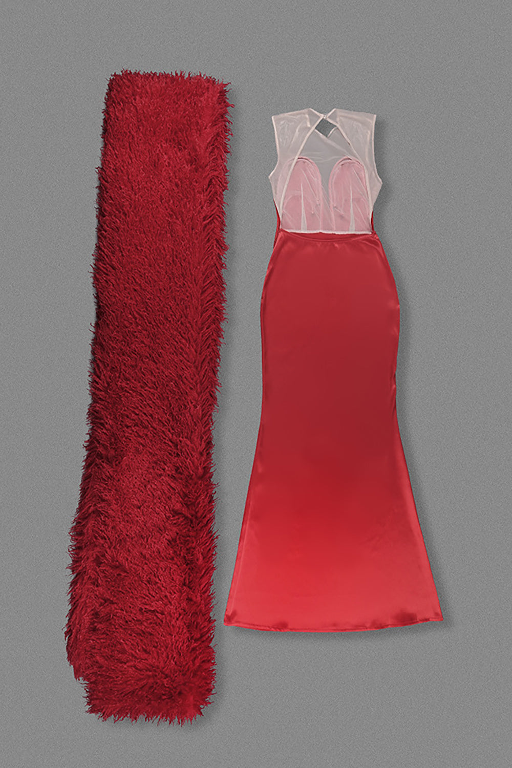 Strapless Fringe Maxi Dress with Fur Collar