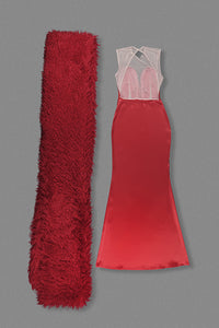 Strapless Fringe Maxi Dress with Fur Collar