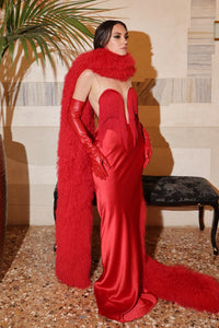 Strapless Fringe Maxi Dress with Fur Collar