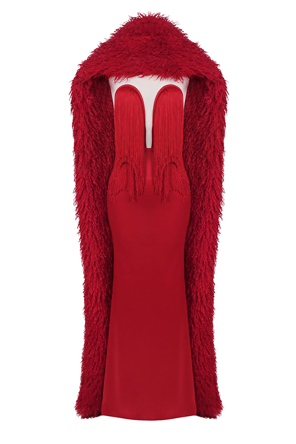 Strapless Fringe Maxi Dress with Fur Collar