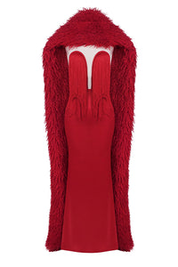 Strapless Fringe Maxi Dress with Fur Collar