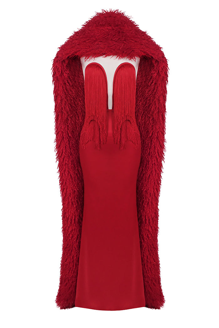 Strapless Fringe Maxi Dress with Fur Collar