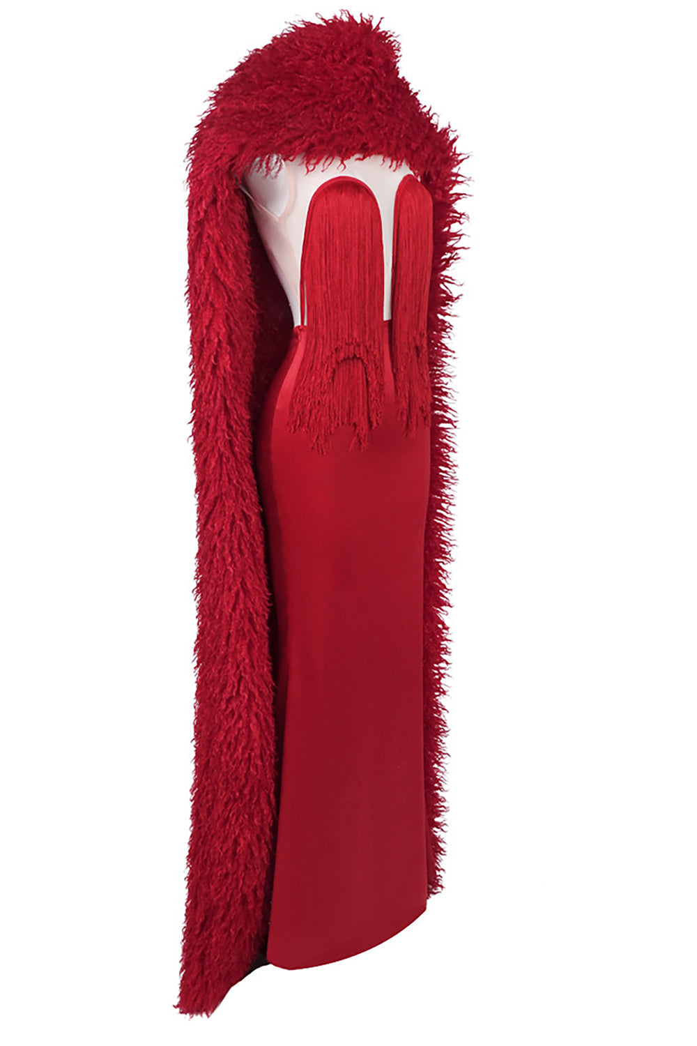 Strapless Fringe Maxi Dress with Fur Collar