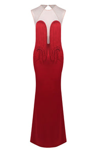 Strapless Fringe Maxi Dress with Fur Collar