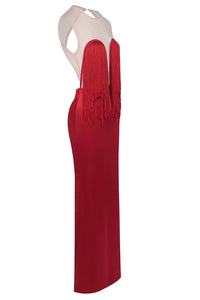 Strapless Fringe Maxi Dress with Fur Collar