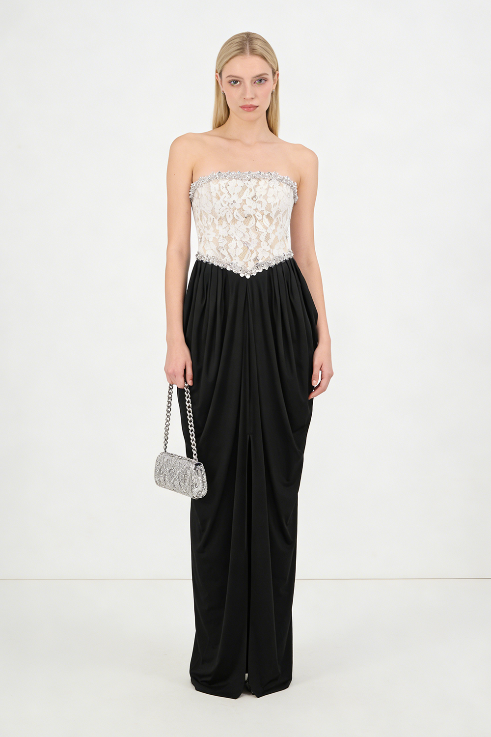 StraplessLace-Paneled Maxi Dress