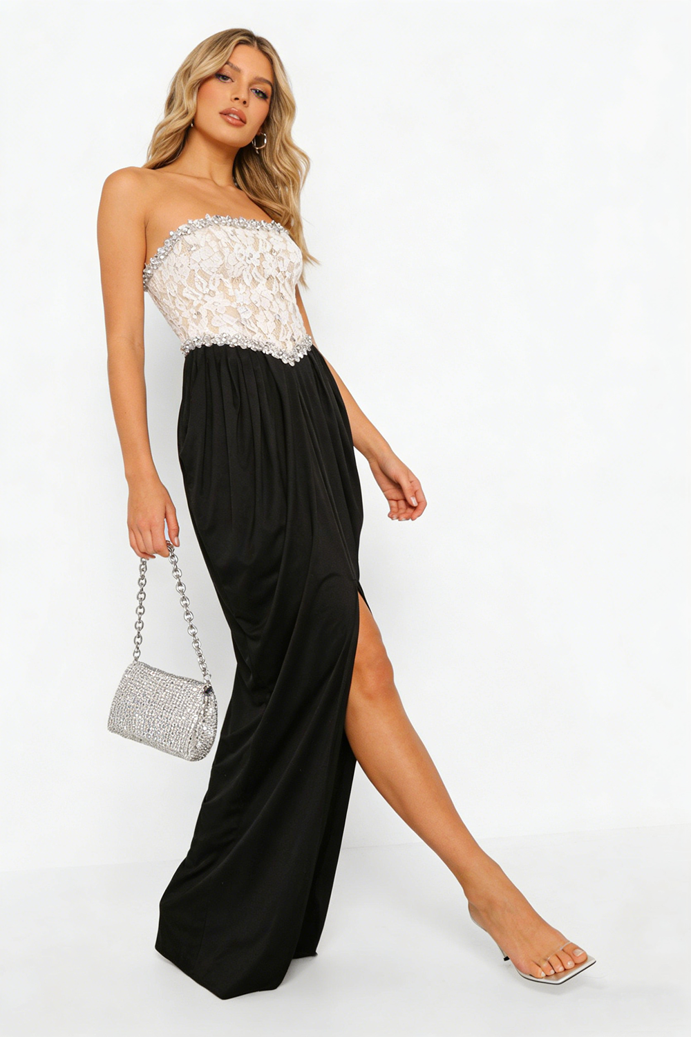 StraplessLace-Paneled Maxi Dress