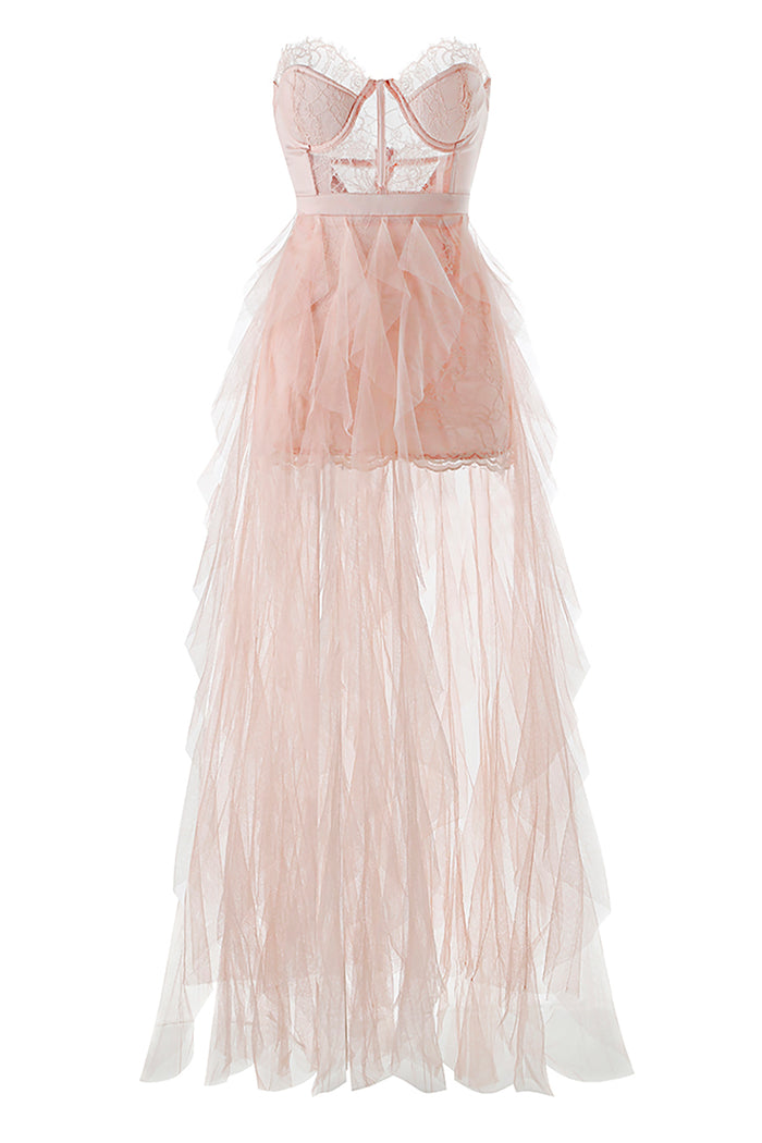 Strapless Lace Mesh Bustier Gown In Pink