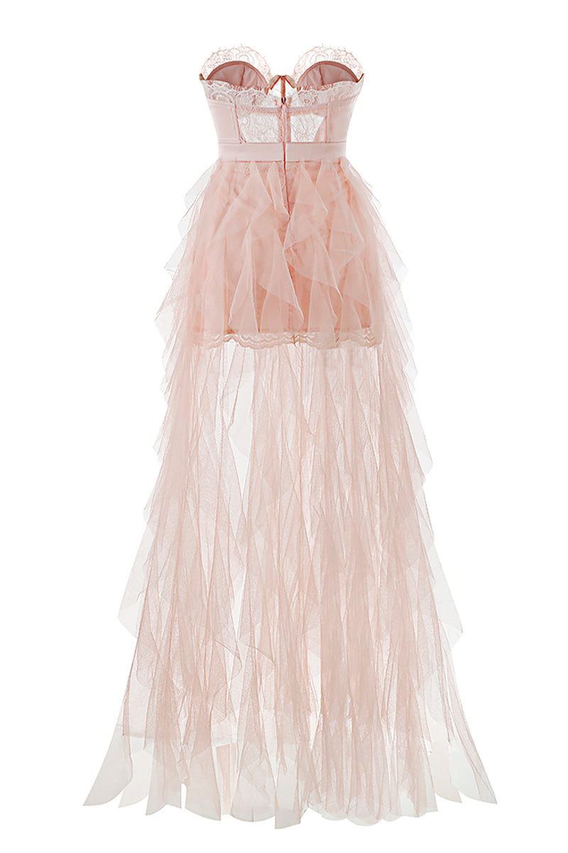 Strapless Lace Mesh Bustier Gown In Pink