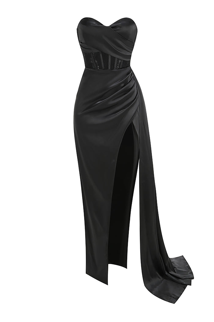 black strapless dress with slit Strapless Lace Slit Maxi Dress – IULOVER