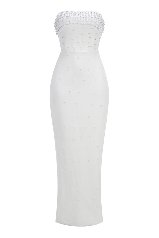 Strapless Pearl Embroidered Gown in White