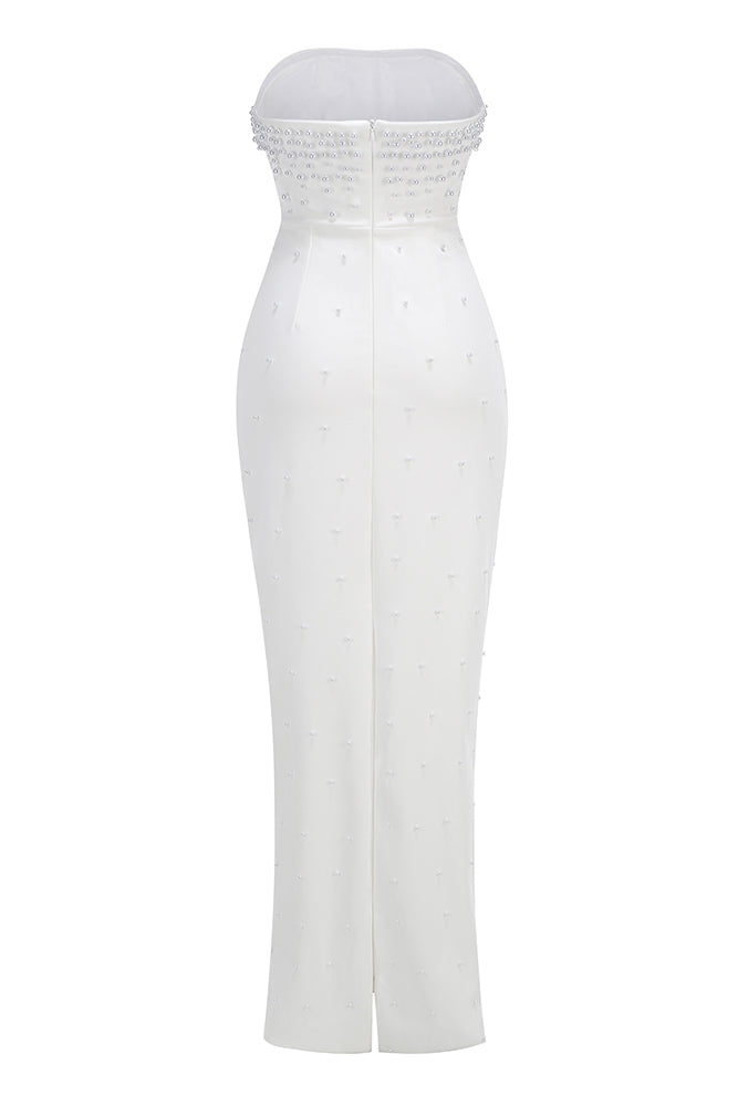 Strapless Pearl Embroidered Gown in White