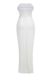 Strapless Pearl Embroidered Gown in White