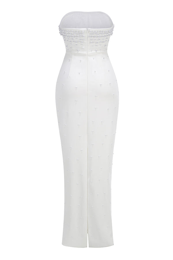 Strapless Pearl Embroidered Gown in White