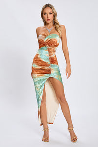 Strapless Printed Slit Midi Dress