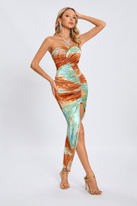 Strapless Printed Slit Midi Dress