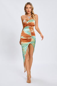 Strapless Printed Slit Midi Dress