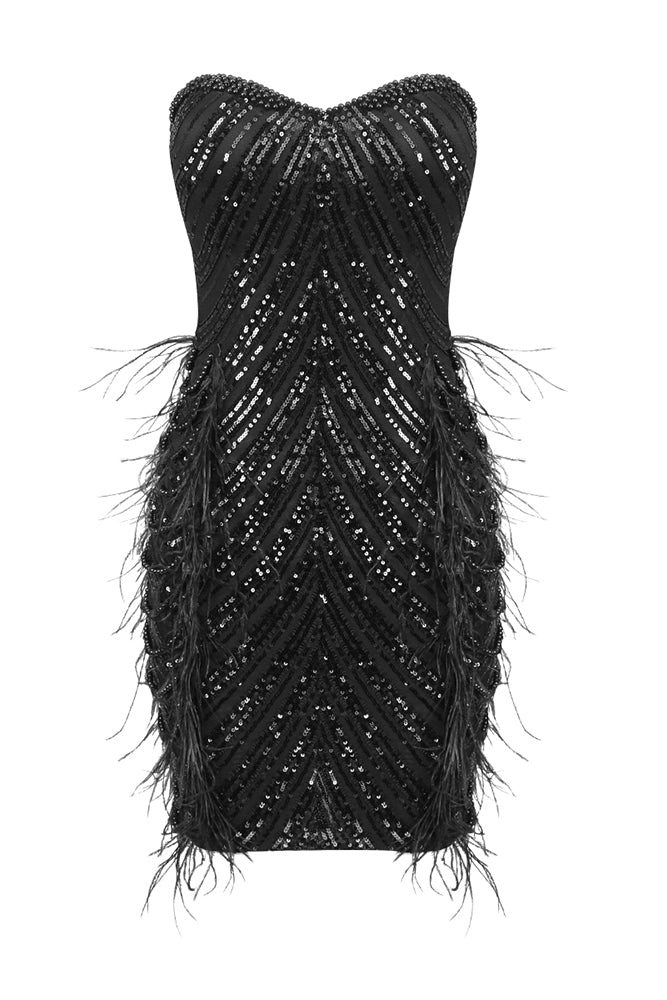 Strapless Sequin Beaded Feather Trim Min Dress