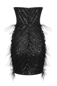 Strapless Sequin Beaded Feather Trim Min Dress