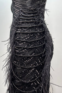 Strapless Sequin Beaded Feather Trim Min Dress