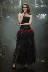 Strapless Sequin Feather Cascading Evening Dress