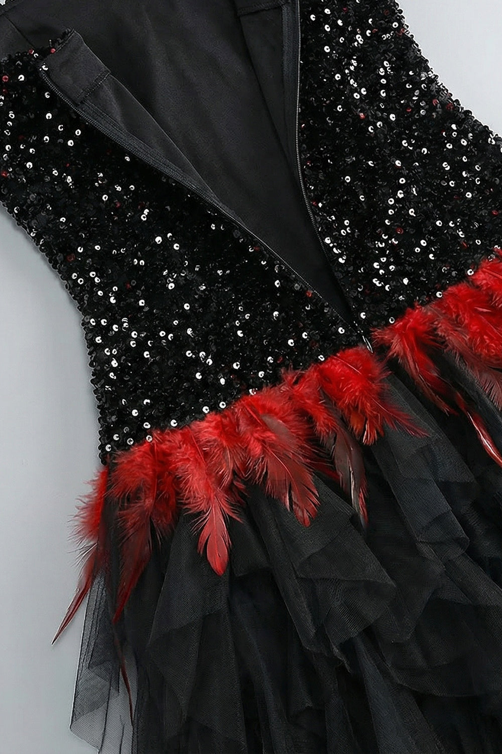 Strapless Sequin Feather Cascading Evening Dress