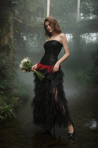 Strapless Sequin Feather Cascading Evening Dress
