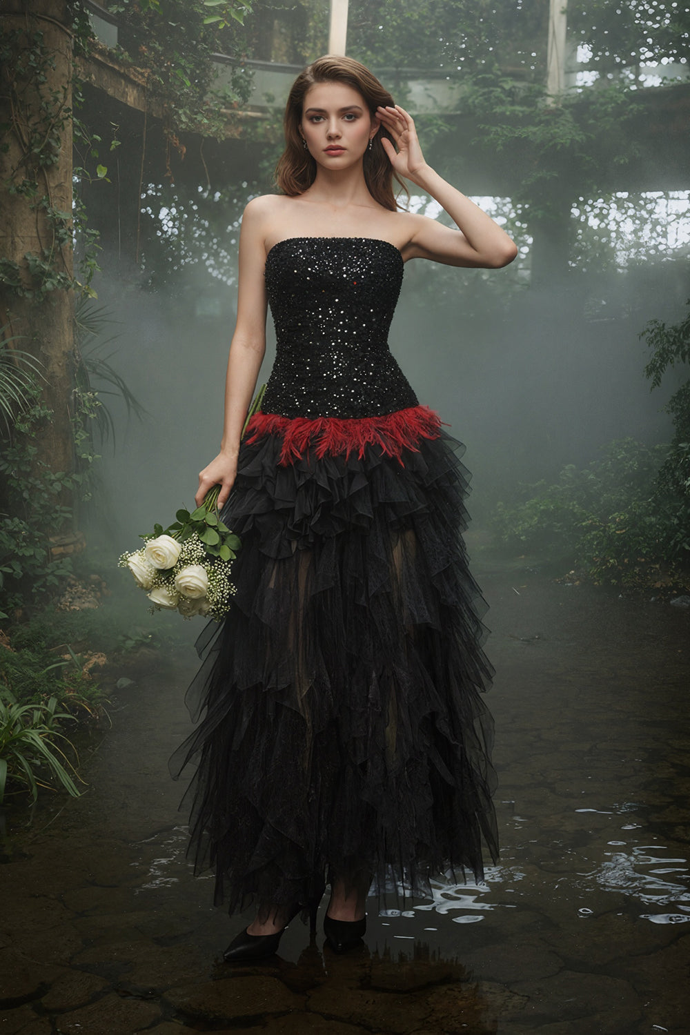 Strapless Sequin Feather Cascading Evening Dress