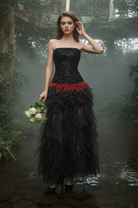 Strapless Sequin Feather Cascading Evening Dress