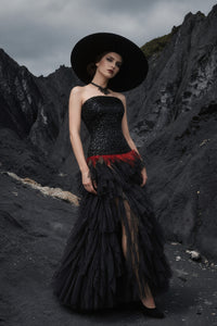 Strapless Sequin Feather Cascading Evening Dress