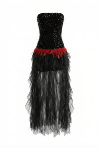 Strapless Sequin Feather Cascading Evening Dress