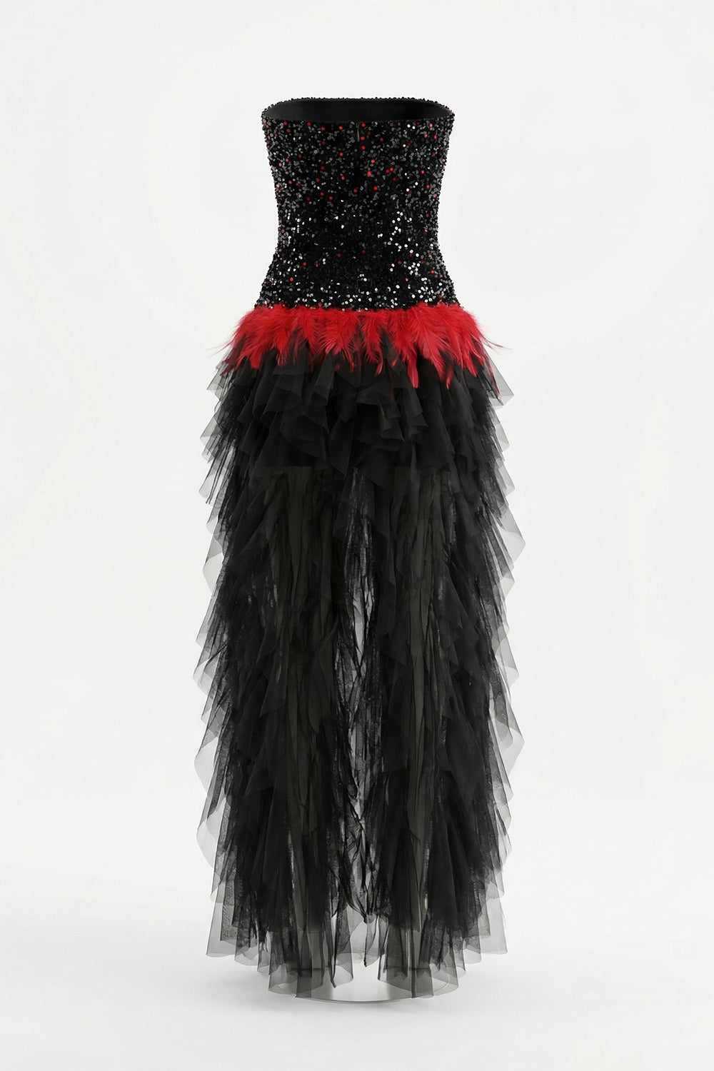 Strapless Sequin Feather Cascading Evening Dress
